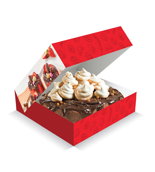 Boîte pâtisserie rouge imprimée avec gâteau